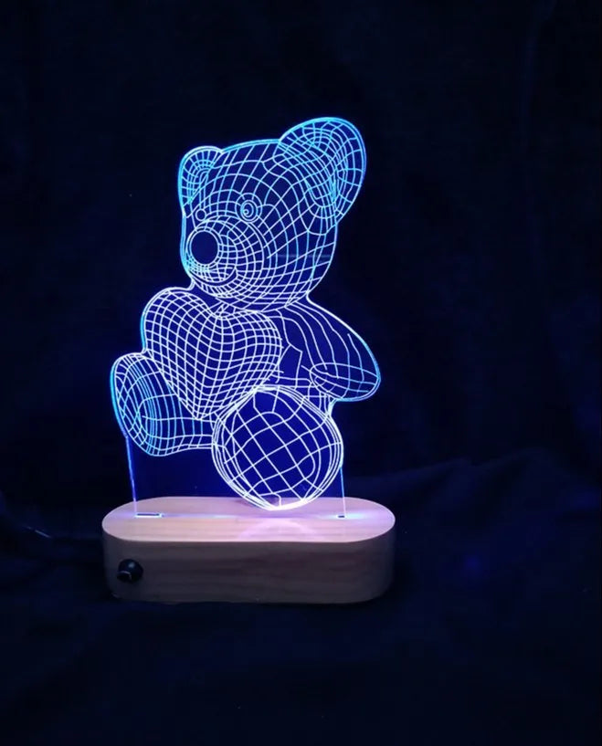 Veilleuse LED 3D Teddy – Multicolore avec base en bois 