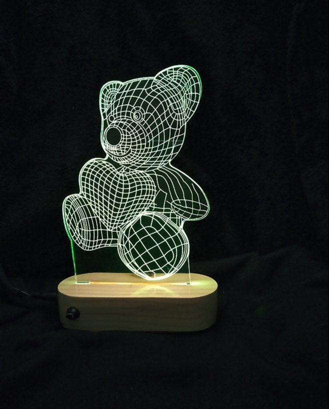 Veilleuse LED 3D Teddy – Multicolore avec base en bois 