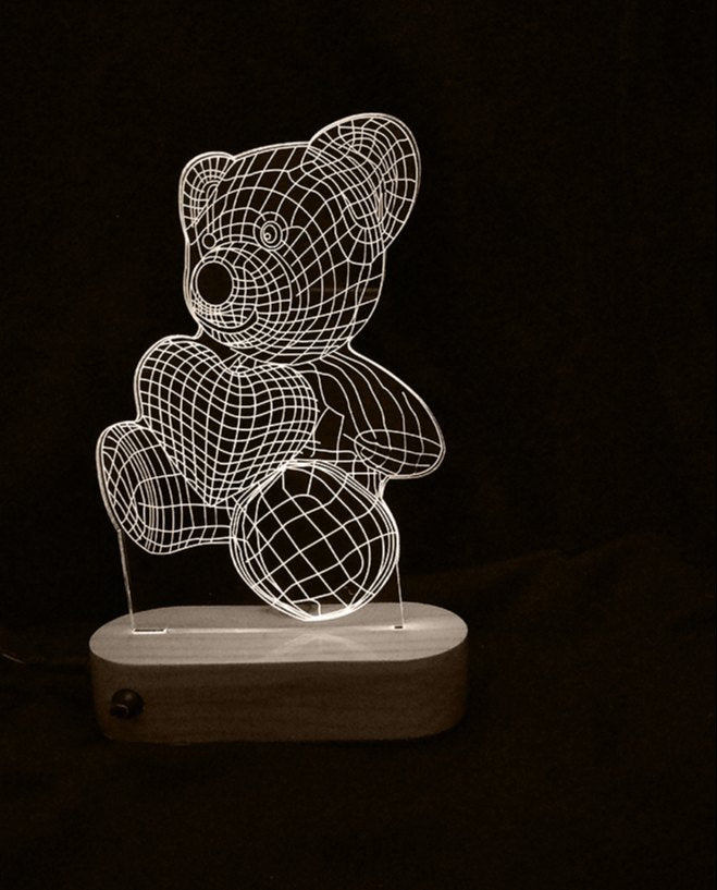 Veilleuse LED 3D Teddy – Multicolore avec base en bois 