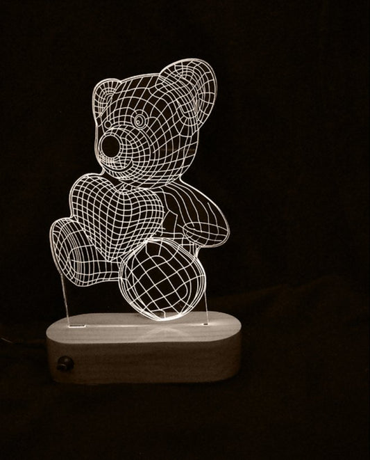 Veilleuse LED 3D Teddy – Multicolore avec base en bois 