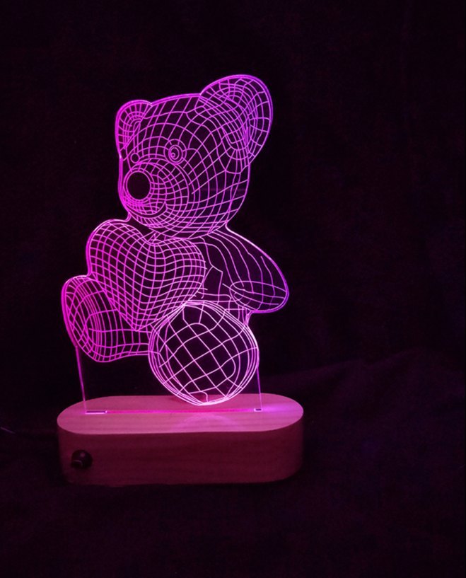 Veilleuse LED 3D Teddy – Multicolore avec base en bois 