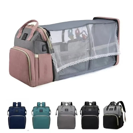 Maternity Diaper Bag with Foldable Baby Crib & Changing Mat